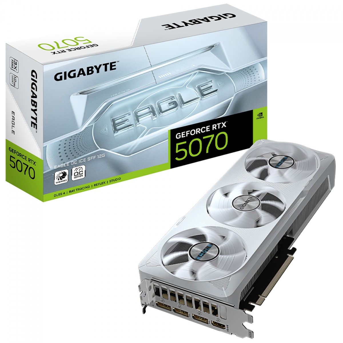 Placa de Vídeo Gigabyte NVIDIA GeForce RTX 5070 Eagle OC Ice SFF, 12GB, GDDR7, DLSS, Ray Tracing, GV-N5070EAGLEOC ICE-12GD