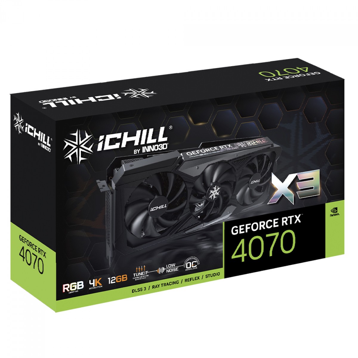 Placa de Vídeo INNO3D NVIDIA GeForce RTX 4070 ICHILL X3, 12GB, GDDR6X, DLSS, Ray Tracing, C40703-126XX-186148H