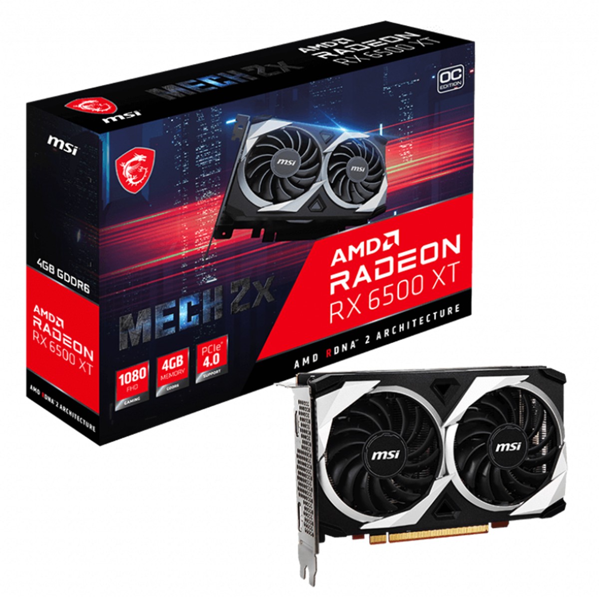 Placa De Vídeo MSI AMD Radeon, RX 6500 XT MECH 2X, OC, 4GB, GDDR6, FSR, Ray Tracing, 912-V508-003