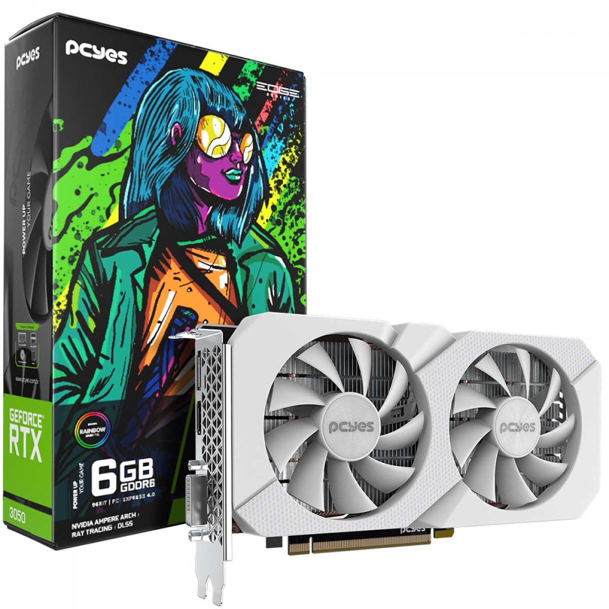 Placa de Vídeo PCYES NVIDIA GeForce RTX 3050 Projeto Edge, 6GB, GDDR6, DLSS, Ray Tracing, Branco, PVRTX30506WTPE