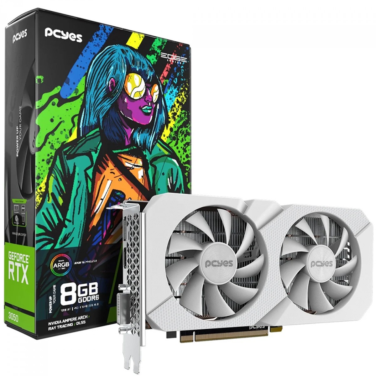 Placa de Vídeo PCYES NVIDIA GeForce RTX 3050 Projeto Edge, 8GB, GDDR6, DLSS, Ray Tracing, Branco, PVRTX30508WTPE