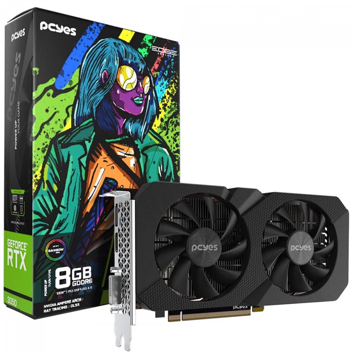 Placa de Vídeo PCYES NVIDIA GeForce RTX 3050 Projeto Edge, 8GB, GDDR6, DLSS, Ray Tracing, PVRTX30508BLPE