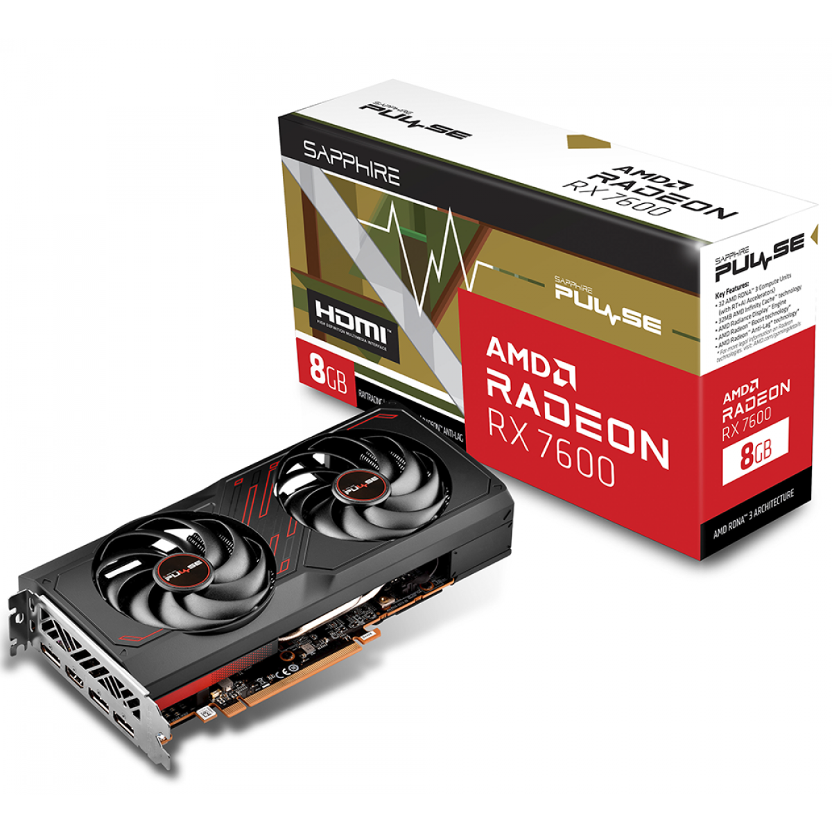 Placa de Vídeo Sapphire Pulse AMD Radeon RX 7600 Gaming OC, 8GB, GDDR6, FSR, Ray Tracing, 11324-01-20G