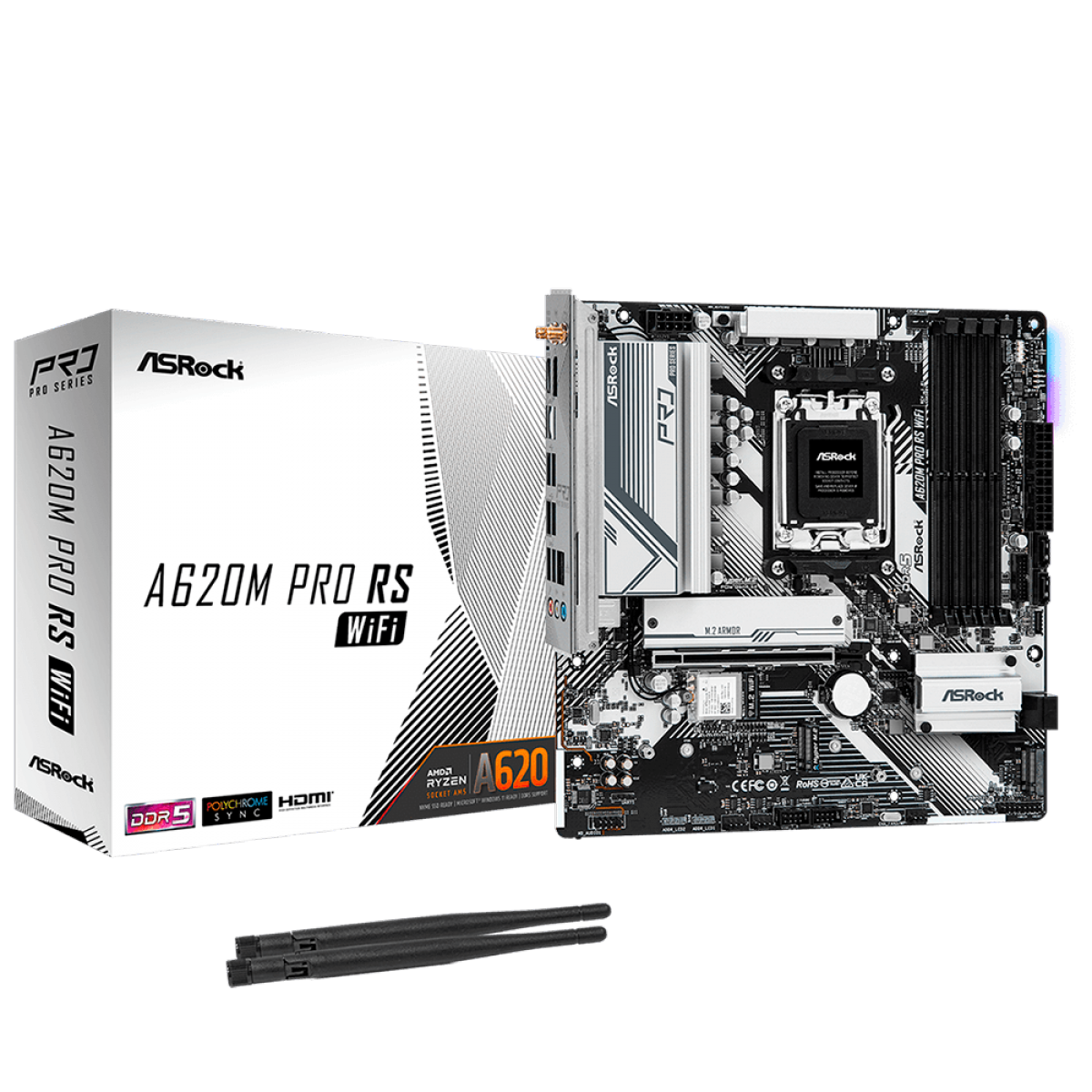 Placa Mãe ASRock A620M Pro RS WIFI, Chipset A620, AMD AM5, M-ATX, DDR5, 90-MXBLX0-A0UAYZ