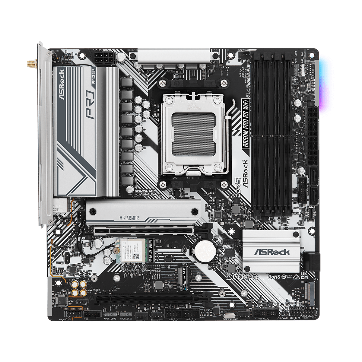 Placa Mãe ASRock B650M Pro RS WIFI, Chipset B650, AMD AM5, M-ATX, DDR5, 90-MXBLZ0-A0UAYZ - Open Box - MARCAS DE USO