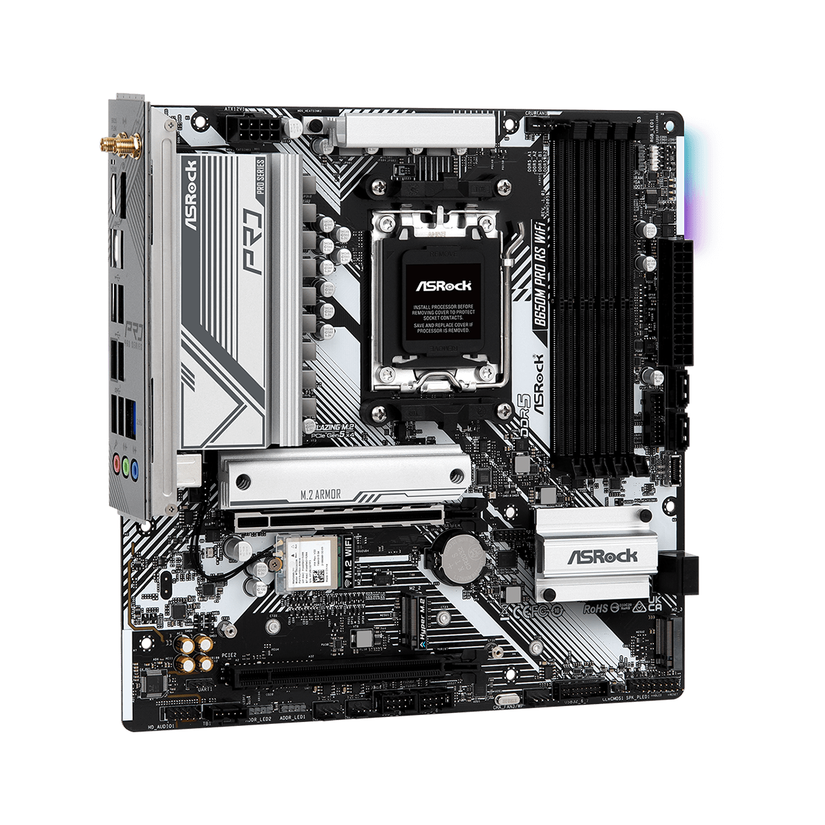 Placa Mãe ASRock B650M Pro RS WIFI, Chipset B650, AMD AM5, M-ATX, DDR5, 90-MXBLZ0-A0UAYZ - Open Box - MARCAS DE USO