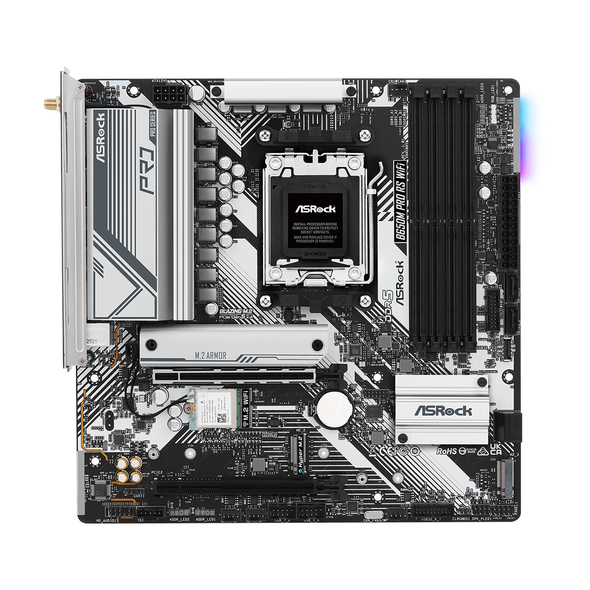 Placa Mãe ASRock B650M Pro RS WIFI, Chipset B650, AMD AM5, M-ATX, DDR5, 90-MXBLZ0-A0UAYZ - Open Box - MARCAS DE USO