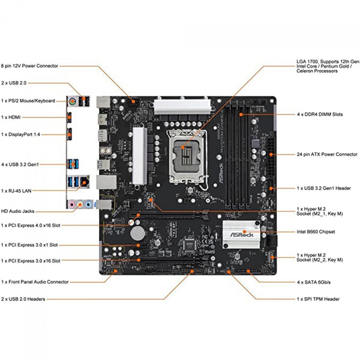 Placa Mãe AsRock B660M Phantom Gaming 4, Chipset B660, Intel LGA 1700, mATX, DDR4, 90-MXBIQ0-A0BAY1Z