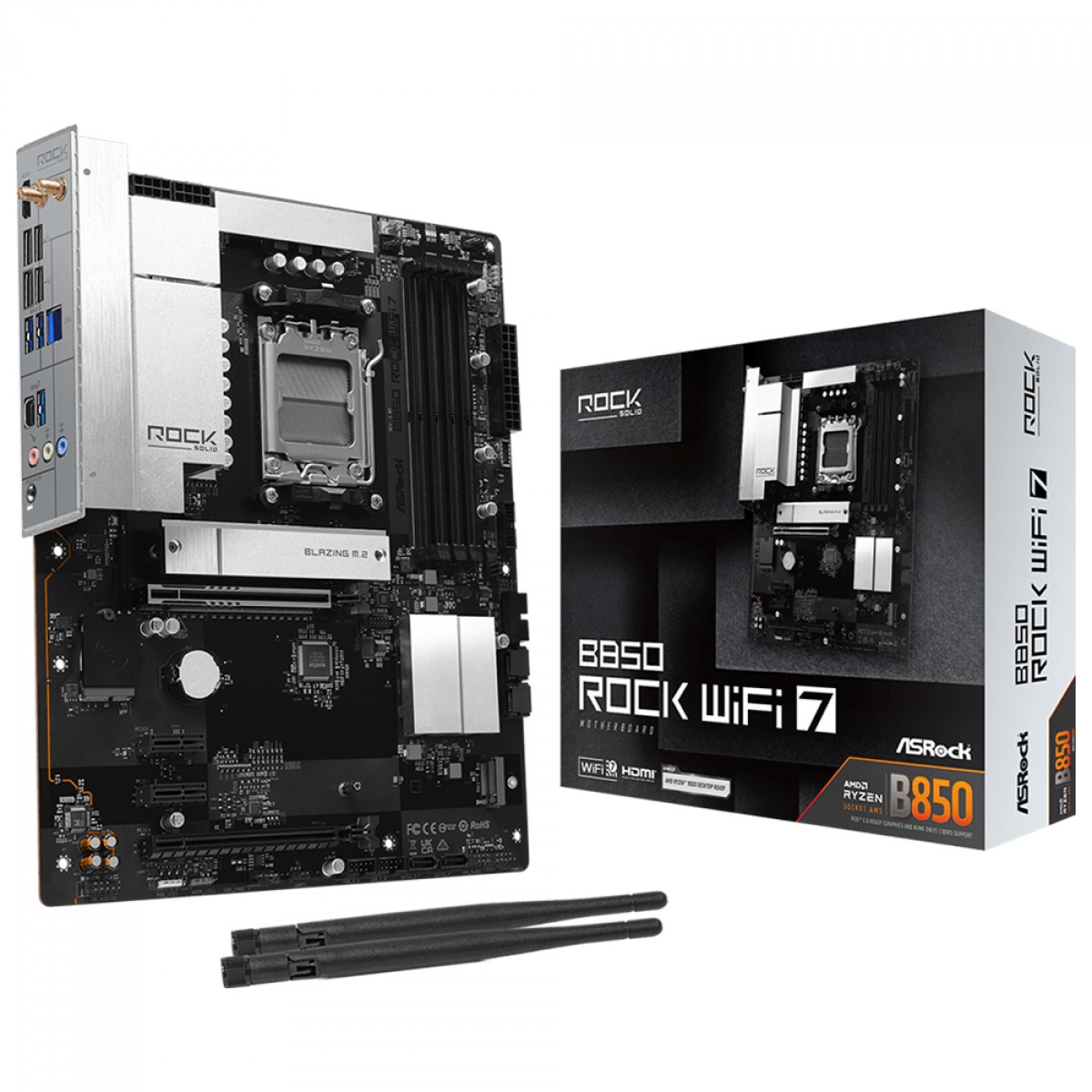 Placa Mãe ASRock B850 Rock WiFi 7, Chipset B850, AMD AM5, ATX, DDR5