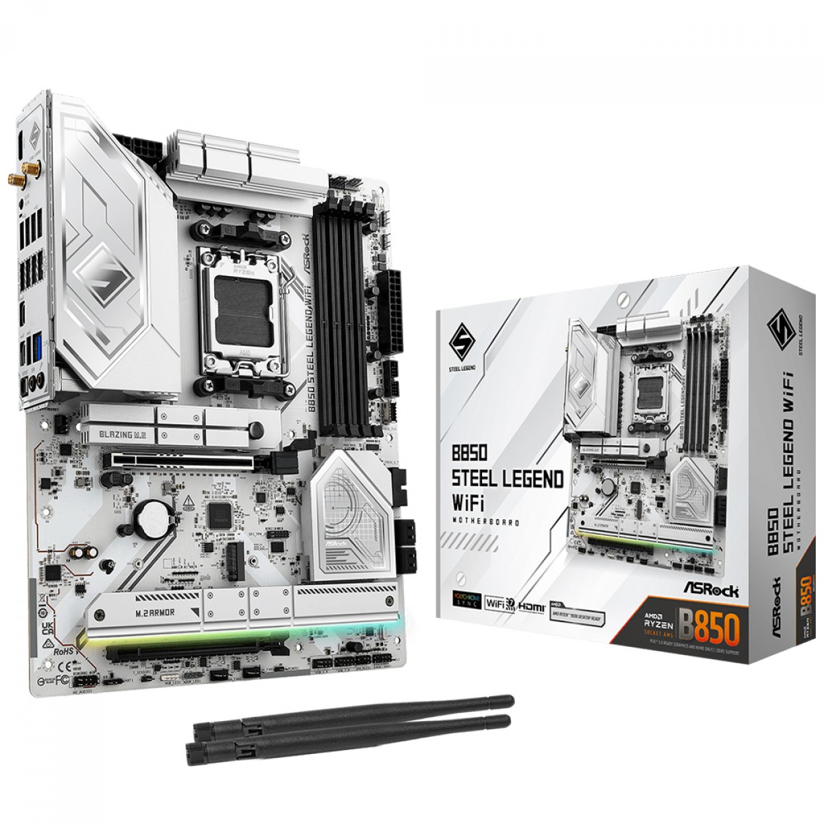 Placa Mãe ASRock B850 Steel Legend WiFi, Chipset B850, AMD AM5, ATX, DDR5, Branco