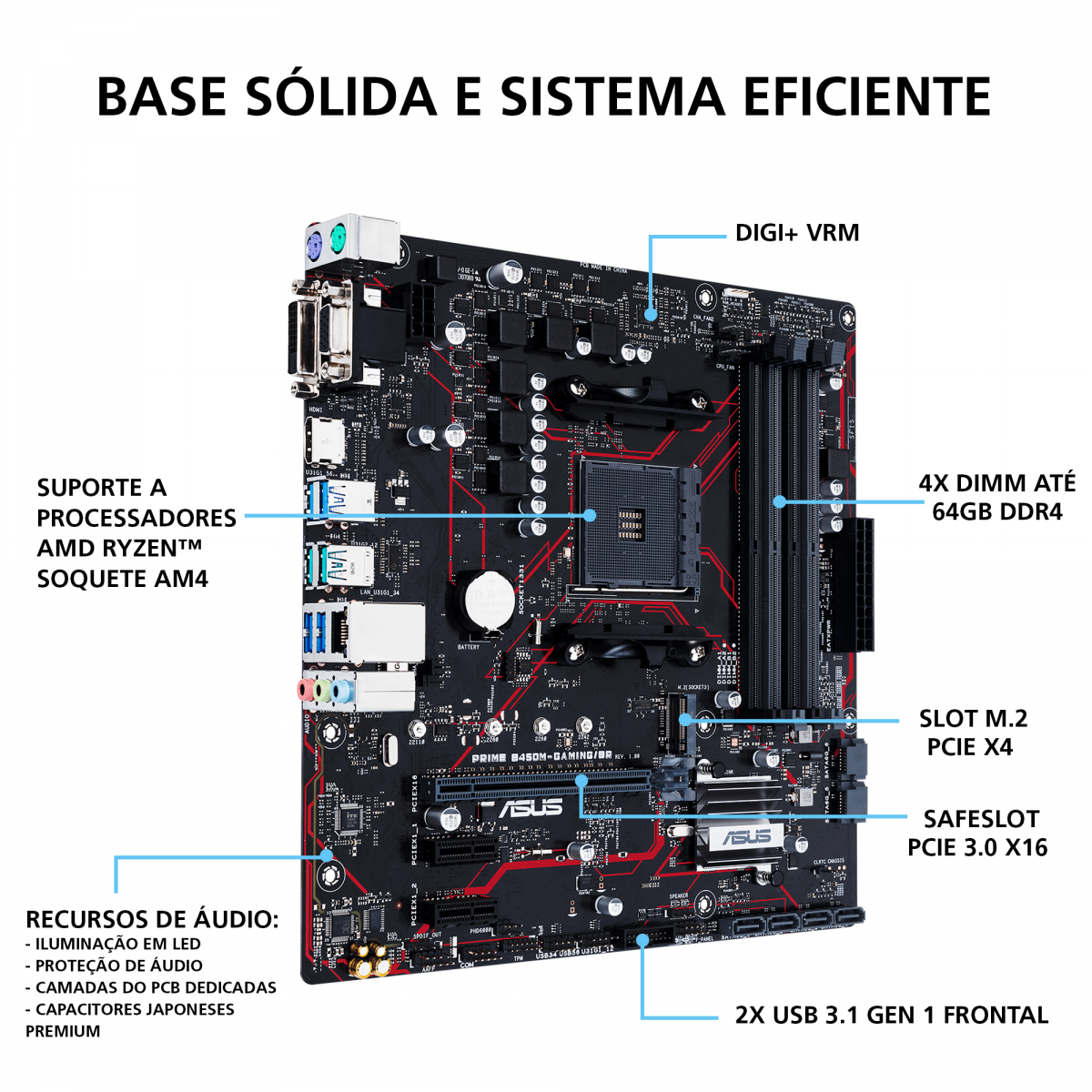 Placa Mãe Asus Prime B450M Gaming/BR, Chipset B450, AMD AM4, mATX, DDR4, 90MB10H0-C1BAY0