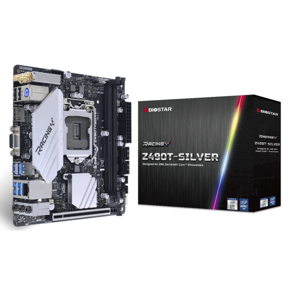Placa Mãe Biostar Racing Z490T-Silver, Chipset Z490, Intel LGA 1200, Mini-ITX, DDR4, IZ49BIHT-R01-BS210X