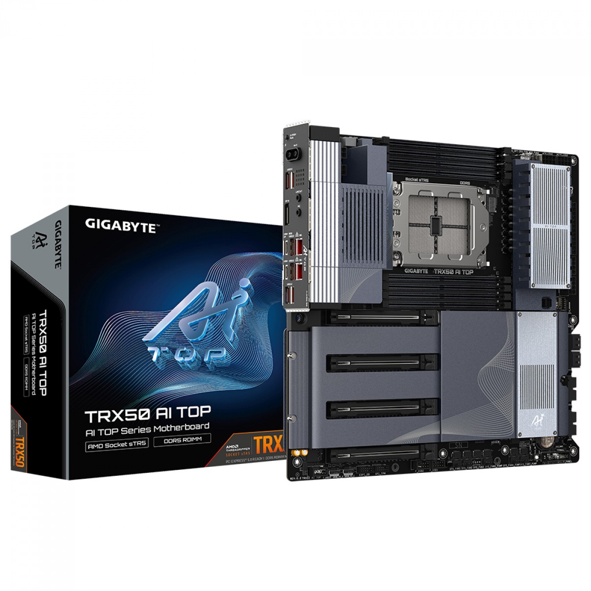 Placa Mãe Gigabyte TRX50 AI TOP, WiFi 7, Chipset AMD TRX50, E-ATX, DDR5