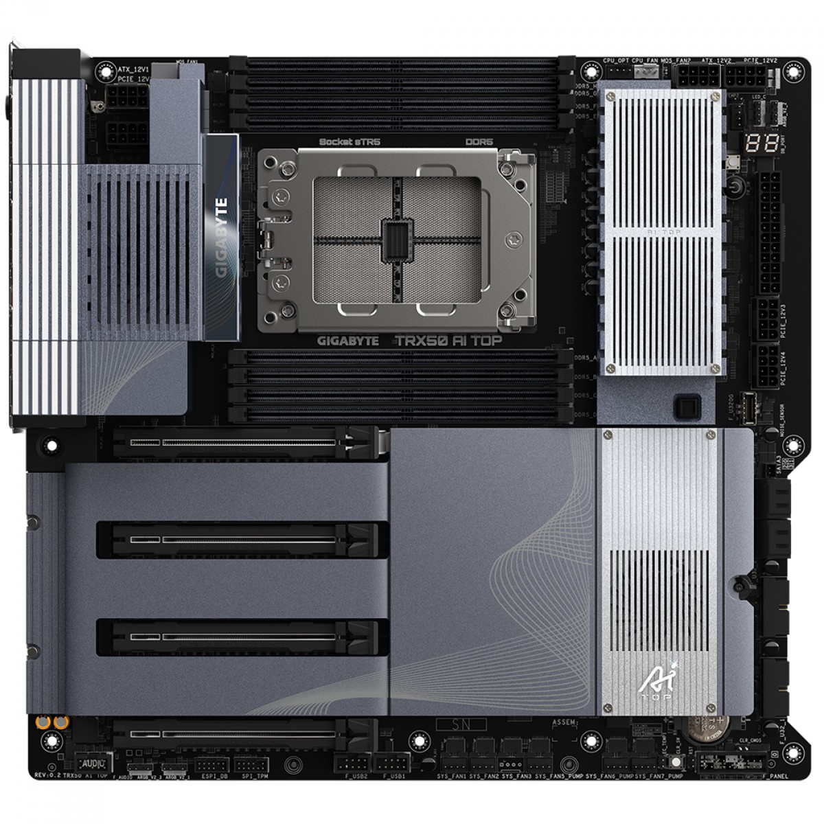 Placa Mãe Gigabyte TRX50 AI TOP, WiFi 7, Chipset AMD TRX50, E-ATX, DDR5