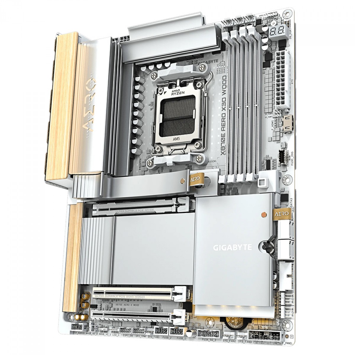 Placa Mãe Gigabyte X870E AERO X3D WOOD, Chipset X870E, AMD AM5, ATX, WiFi 7, DDR5, Branco