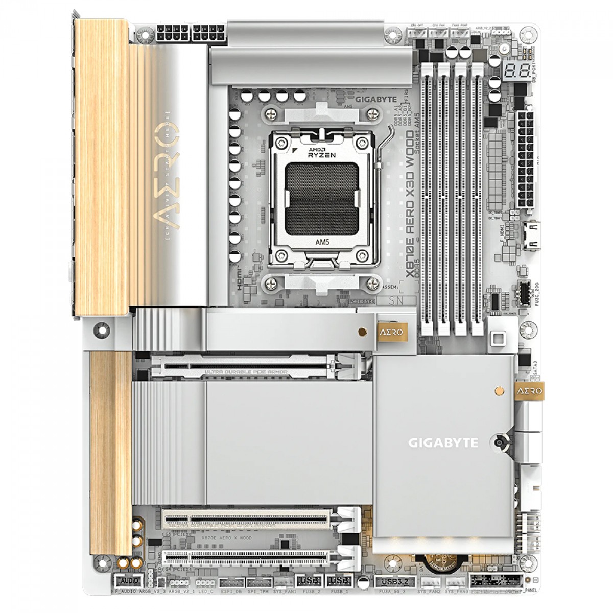 Placa Mãe Gigabyte X870E AERO X3D WOOD, Chipset X870E, AMD AM5, ATX, WiFi 7, DDR5, Branco