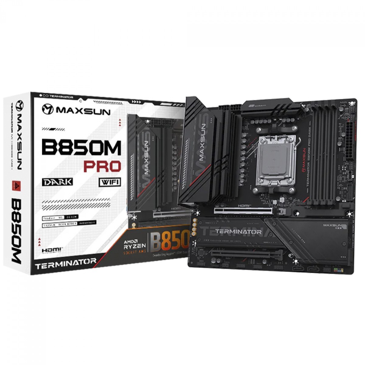 Placa Mãe Maxsun Terminator B850M Dark WiFi, Chipset B850, AMD AM5, mATX, DDR5