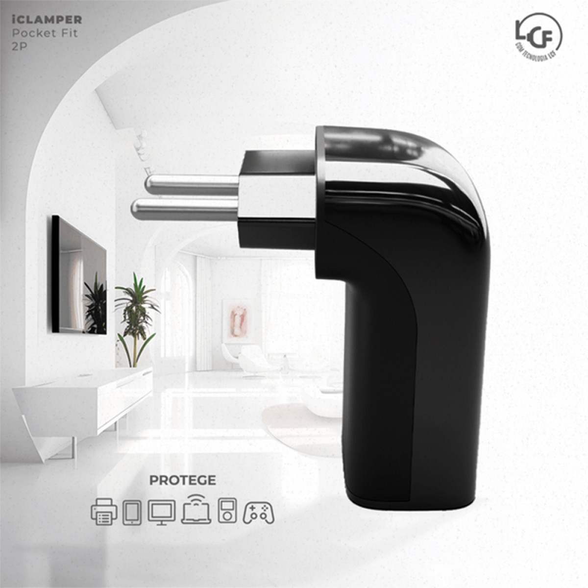 Protetor CLAMPER Pocket Fit, 2 Pinos, 10 Amperes, Bivolt, Formato Fit 90º, Preto