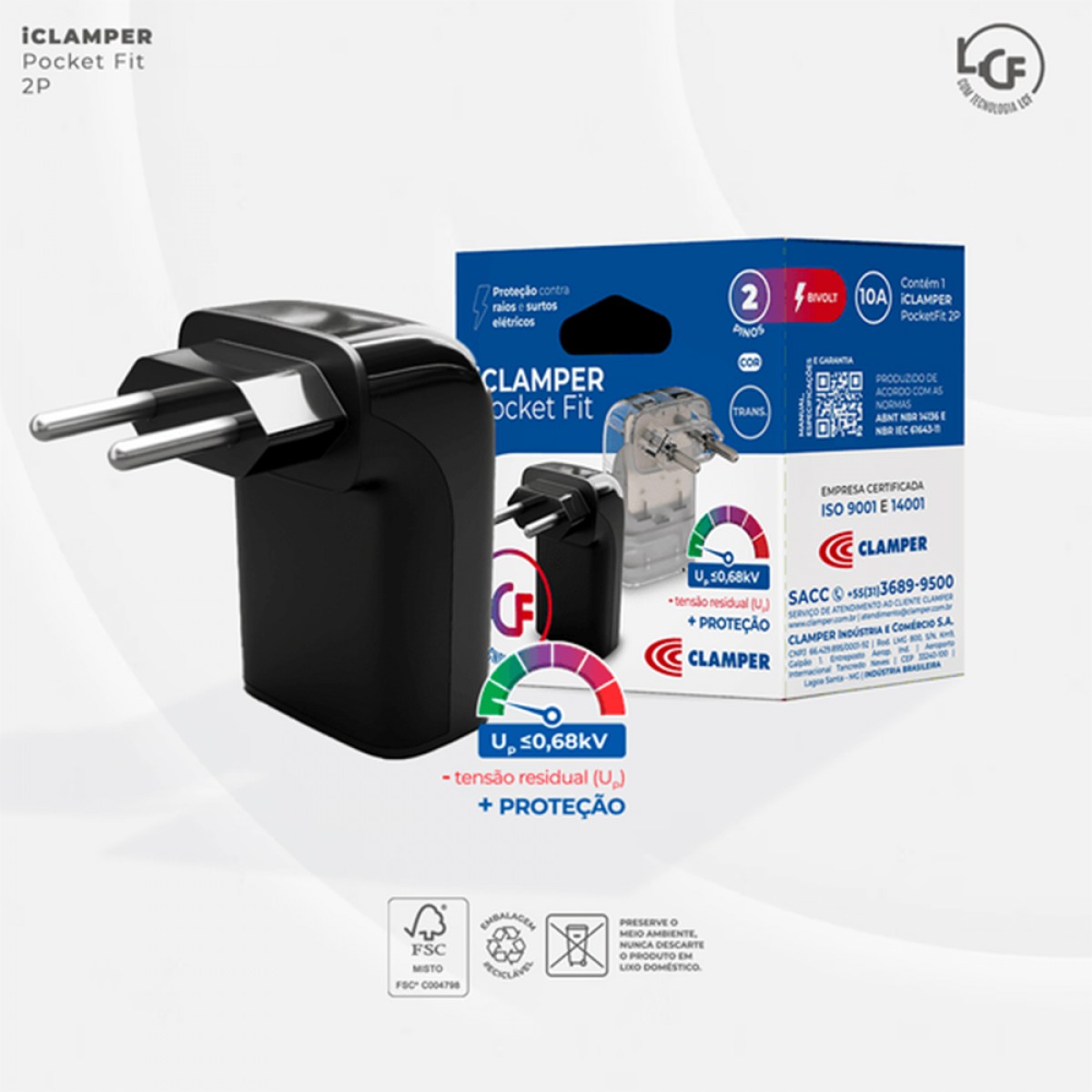 Protetor CLAMPER Pocket Fit, 2 Pinos, 10 Amperes, Bivolt, Formato Fit 90º, Preto