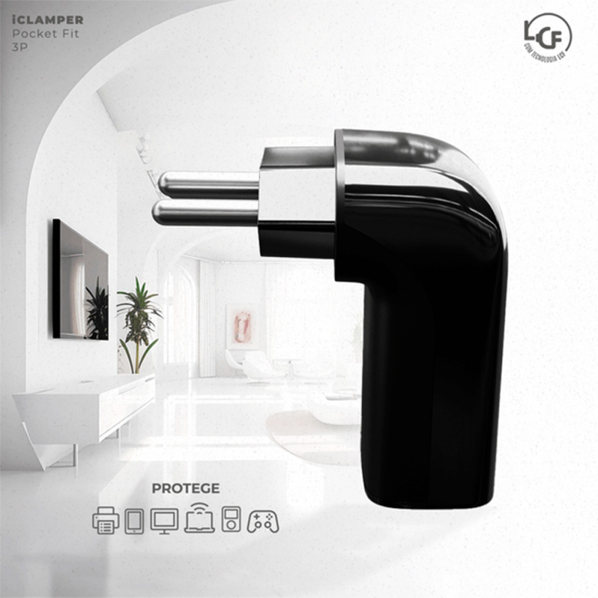 Protetor CLAMPER Pocket Fit LCF, 3 Pinos, 20 Amperes, Bivolt, Formato Fit 90º, Preto