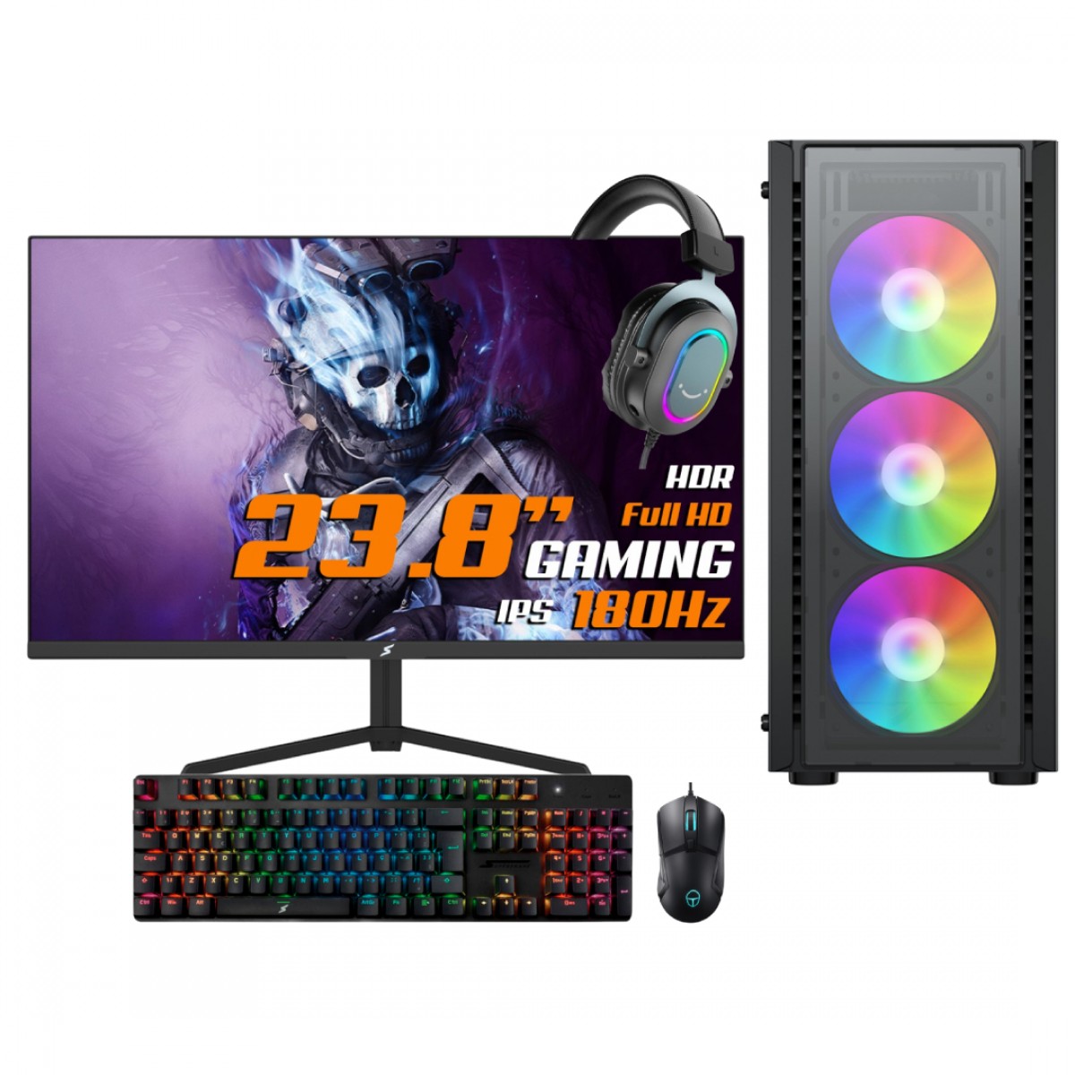 Setup Gamer Odisseia AMD Ryzen 5 4500, RX 6600, 16GB, SSD 512GB NVMe, Monitor 23.8" 180Hz, Mouse, Teclado, Headset Gamer