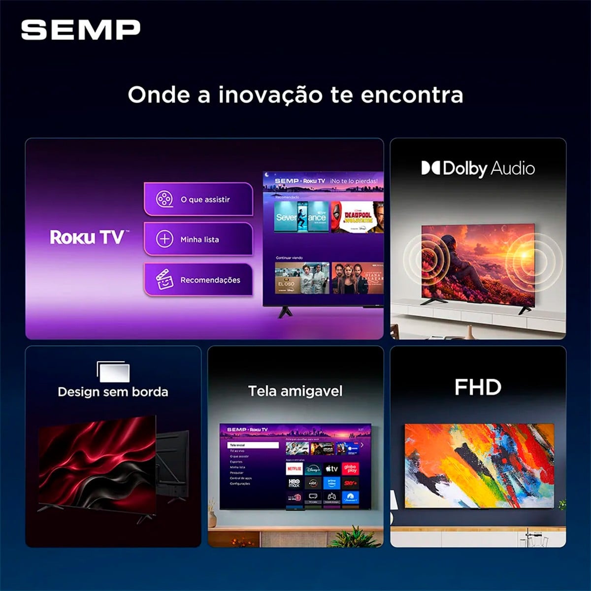 Smart TV LED SEMP S42R, 50 Pol, Full HD, Roku TV, WI-FI, Preta, 50S42R