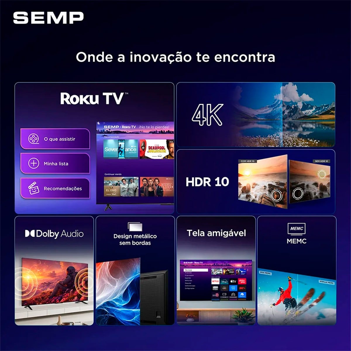 Smart TV SEMP S62R, 55 Pol, Ultra HD 4K 3840x2160, HDR, Roku TV, Preta, 55S62R