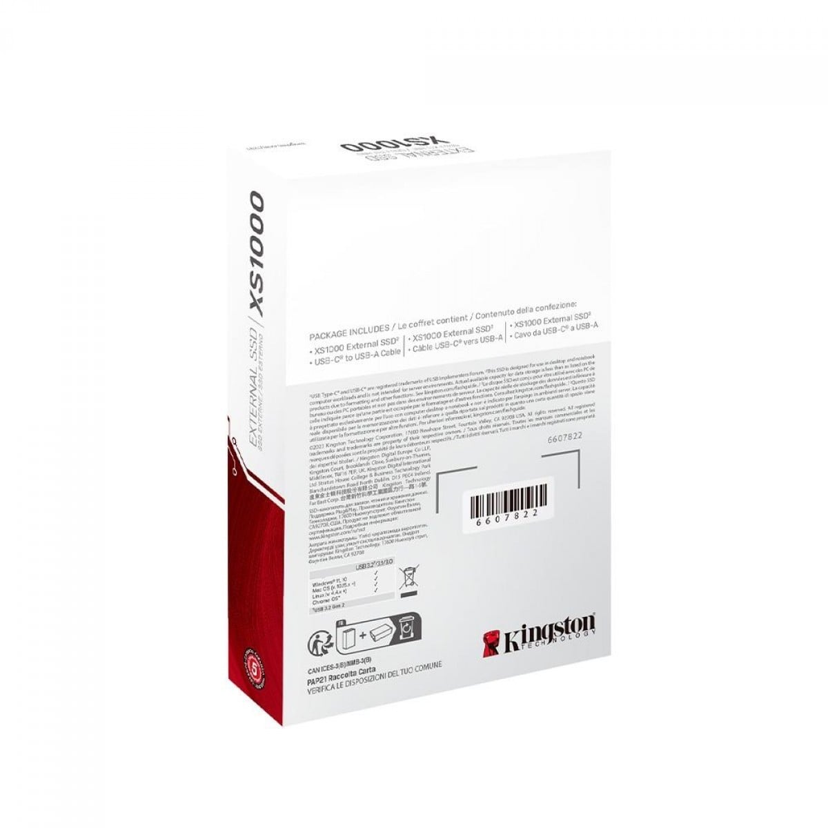 SSD Externo Portátil Kingston XS1000 2TB, USB 3.2, Leitura 1050MB/S, SXS1000/2000G