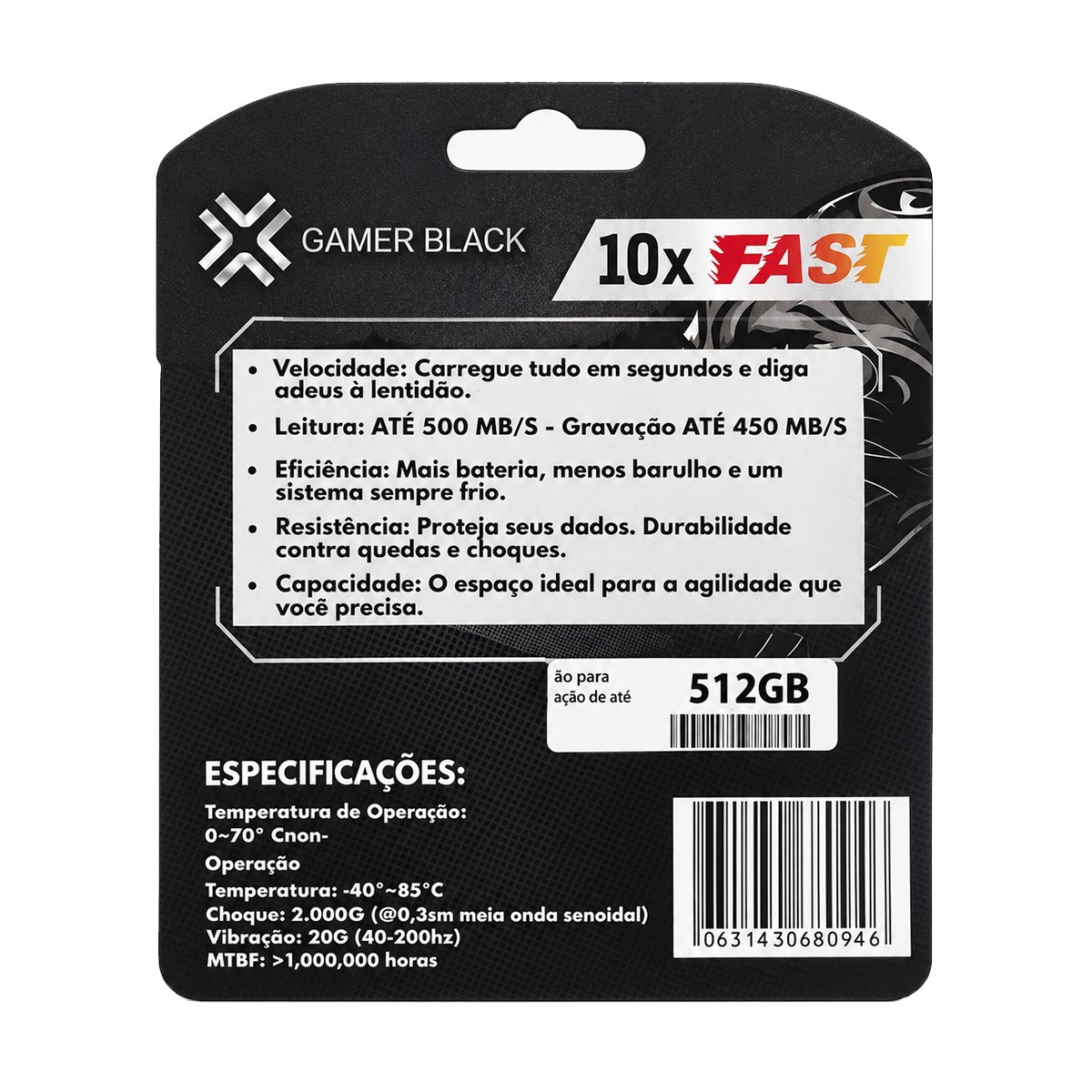 SSD Gamer Black, 512GB, SATA III, Leitura 500MB/s e Gravação 450MB/s, SSD-512G-SATA3-GB