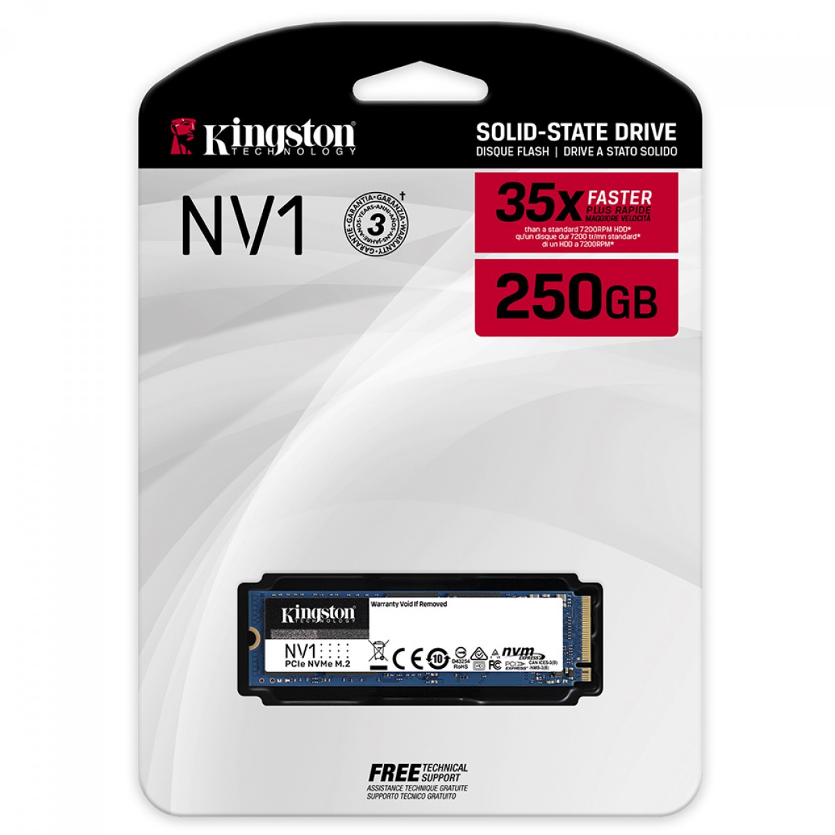 SSD Kingston NV1, 250GB, M.2 NVMe, 2280, Leitura 2100MBs e Gravação 1700MBs, SNVS/250G