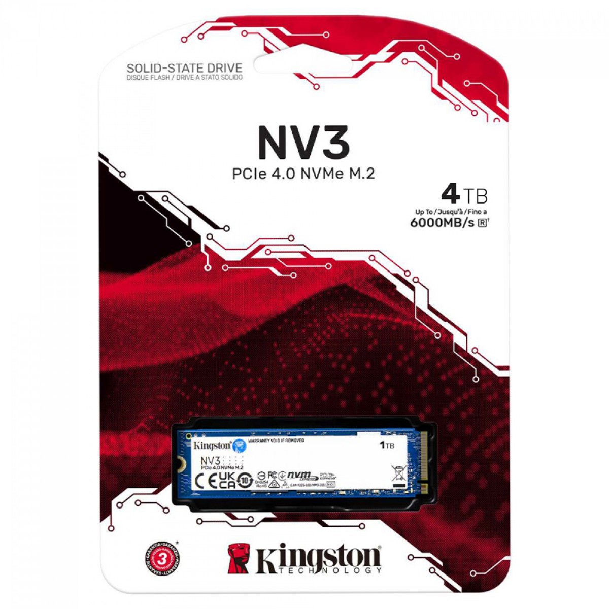 SSD Kingston NV3, 4TB, M.2 NVMe, 2280, PCIe 4.0, Leitura 6000MBs e Gravação 5000MBs, SNV3S/4000G
