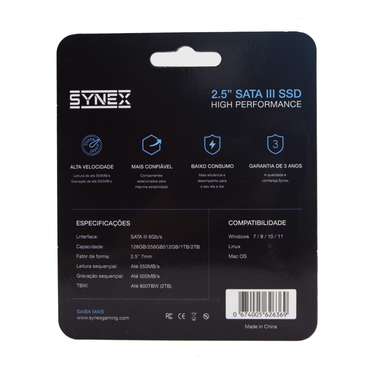 SSD Synex V2, 256GB, SATA III, Leitura 550MB/s e Gravação 500MB/s