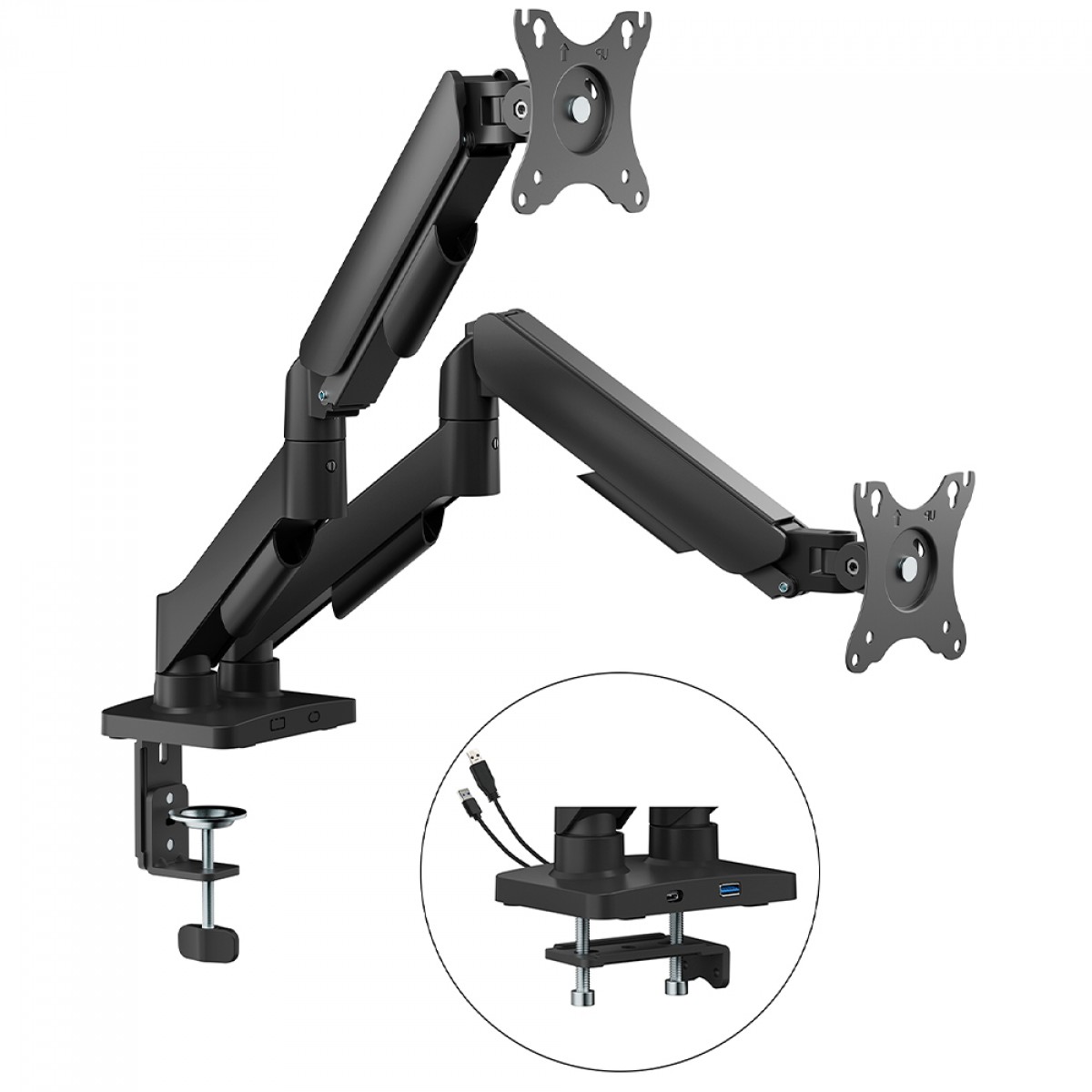 Suporte de Mesa Bluecase Ergo Flexy, Articulado, Com Conectores USB, Para Dois Monitores de 17" a 32", Preto, BSMTS02U-1BBX