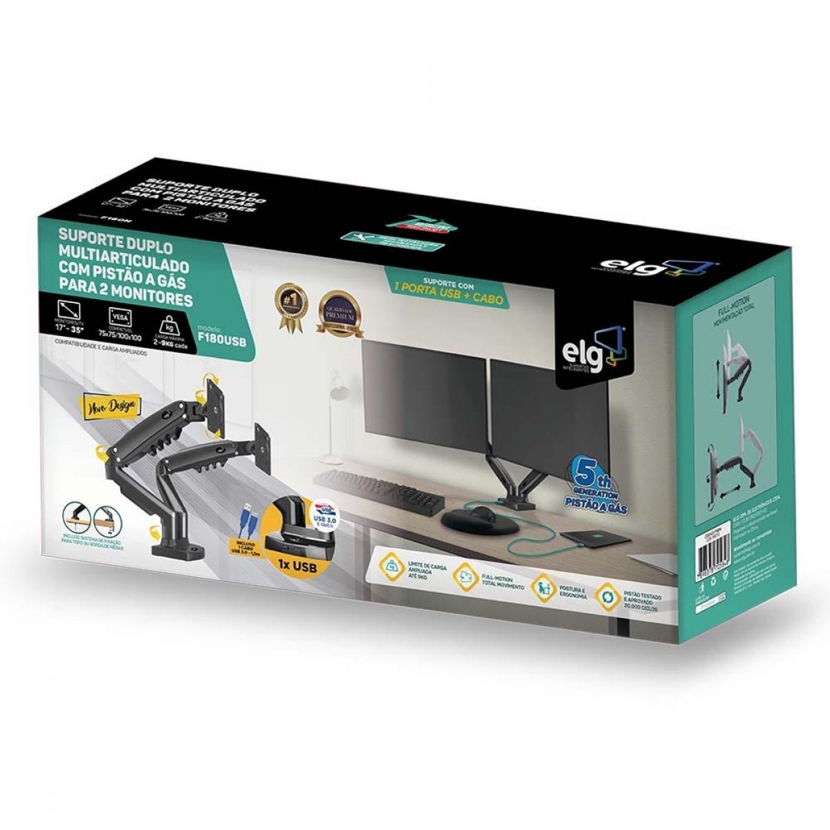 Suporte de Mesa ELG, Ergonômico, Articulado, Com Pistão, Para 2 Monitores de 17" a 35", F180USB