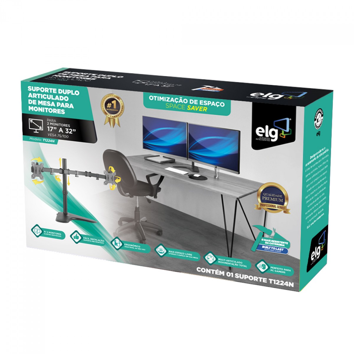 Suporte de mesa Elg, Ergonômico, Articulado, Para 2 Monitores de 17" a 32", T1224N