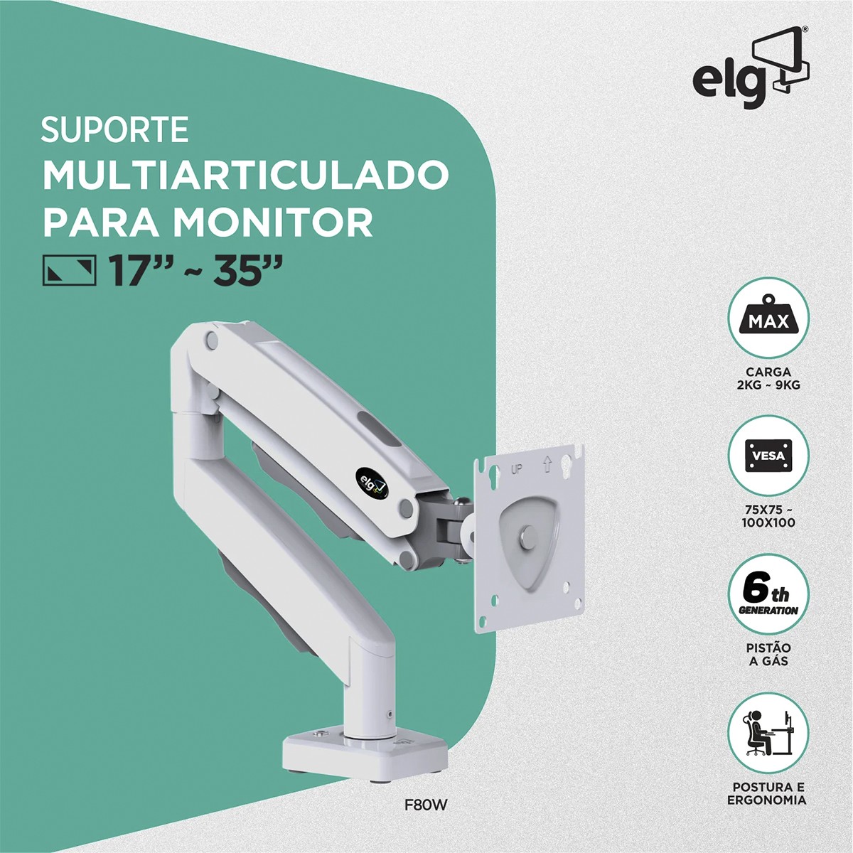 Suporte de Mesa ELG F80W, Articulado, Com Pistão, Para Monitores 17 Até 35 Pol, Branco - Open Box