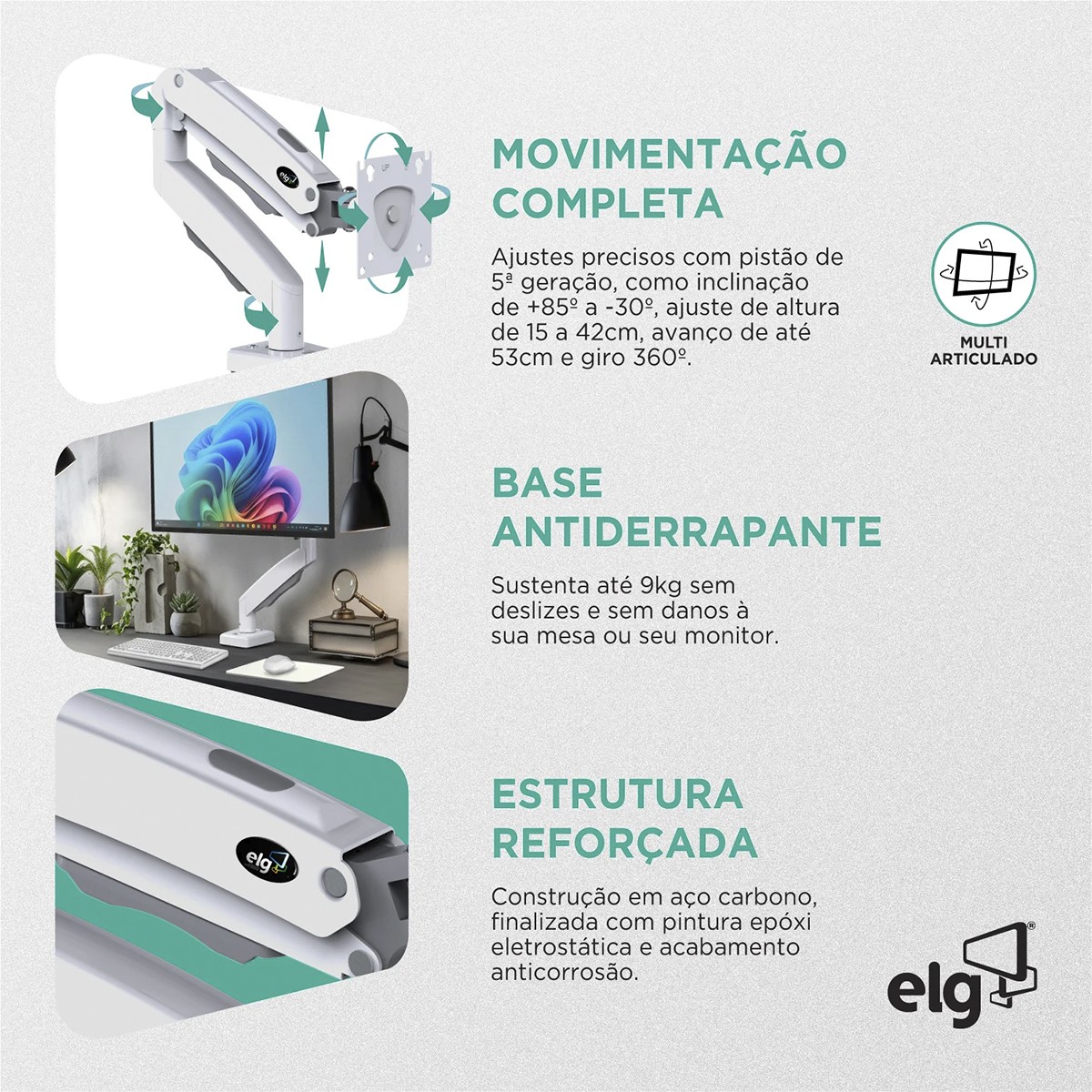 Suporte de Mesa ELG F80W, Articulado, Com Pistão, Para Monitores 17 Até 35 Pol, Branco - Open Box