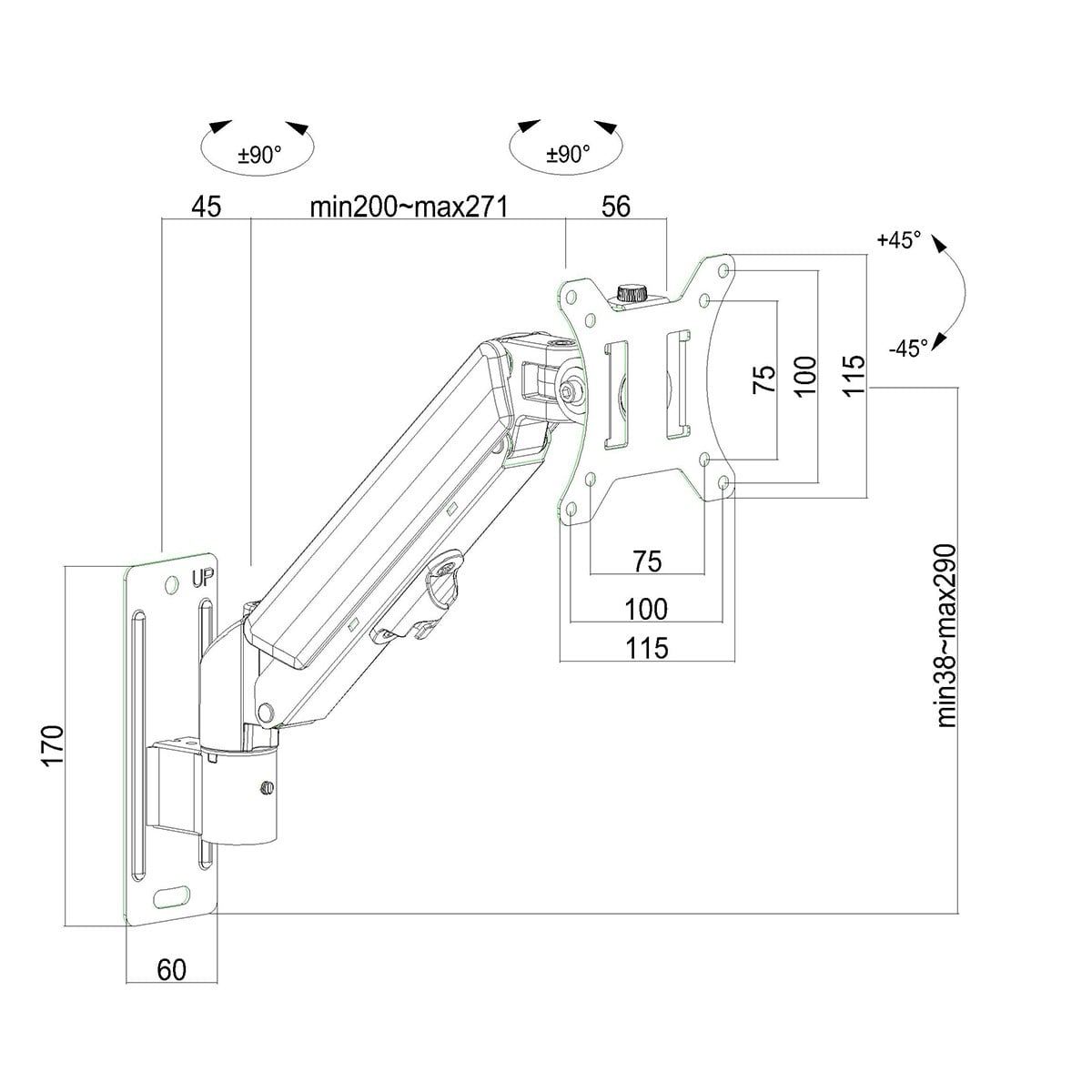 Suporte de Parede Dr. Office Titan Z105, Articulado, Com Pistão, Para Monitores de Até 32 Pol, DR-MA-Z15W1M0K32INN10BN