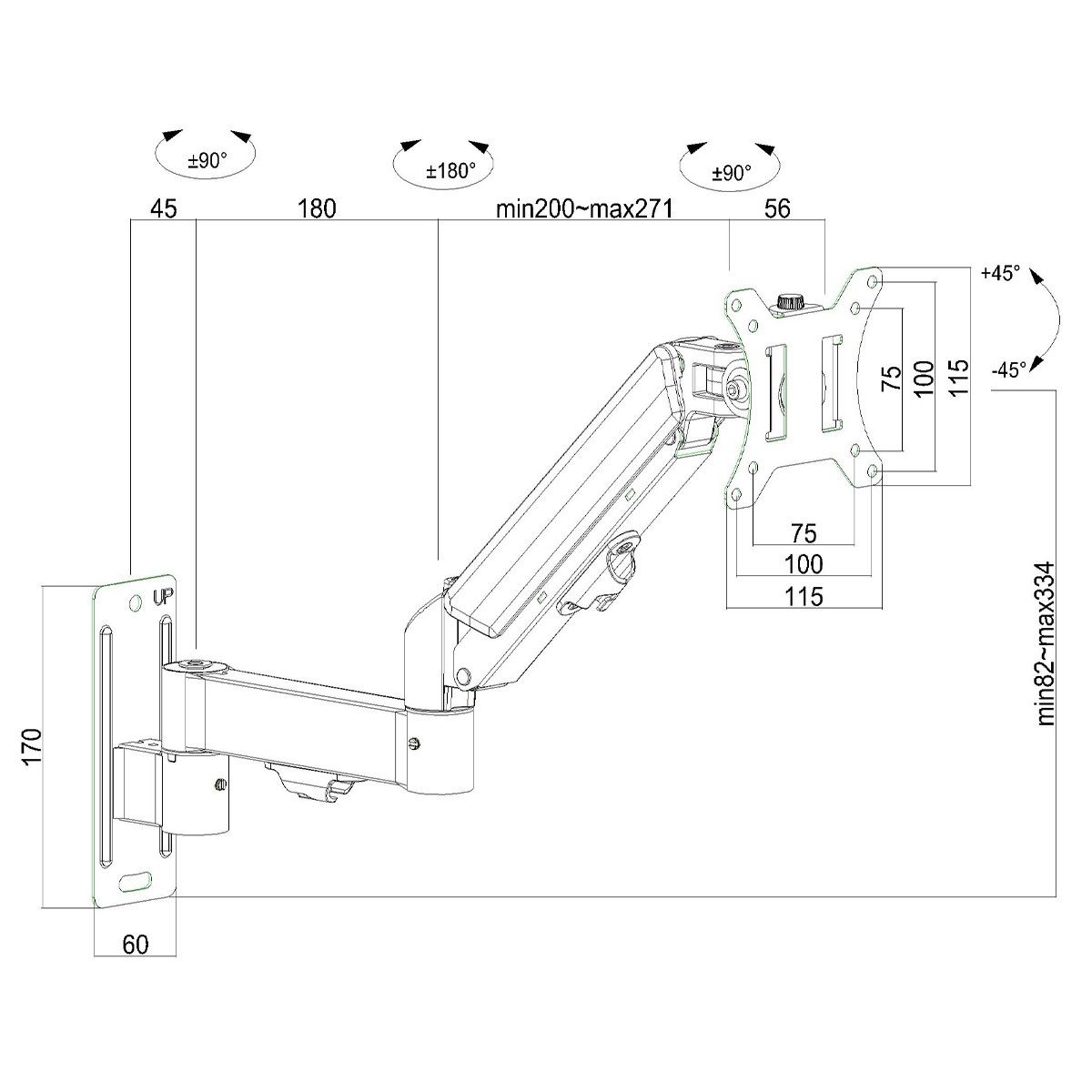 Suporte de Parede Dr. Office Titan Z115, Articulado, Com Pistão, Para Monitores de Até 32 Pol, DR-MA-Z11W1M0K32INN10BN