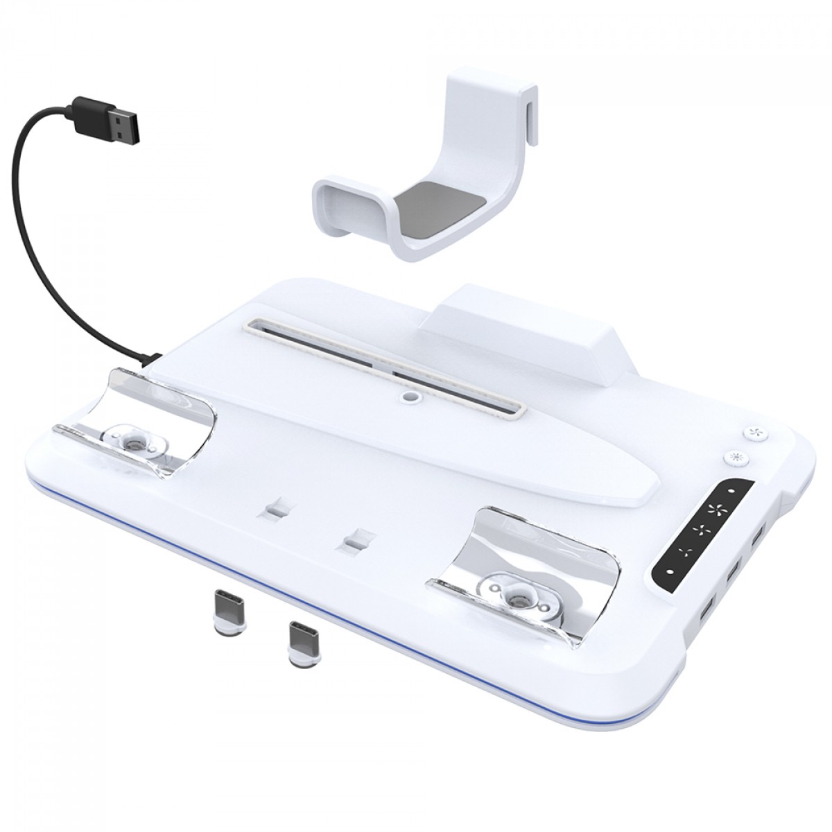 Suporte Vertical Ipega Para PS5 Slim, RGB, Com Cooler Para Refrigeração, Dock De Carregamento Para Controle Dualsense e Suporte De Headset, Branco, PG-P5S020W