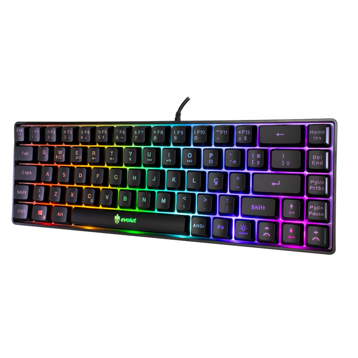 Teclado Gamer Evolut Fay, 60%, Rainbow, Membrana, ABNT2, Preto, EG-211