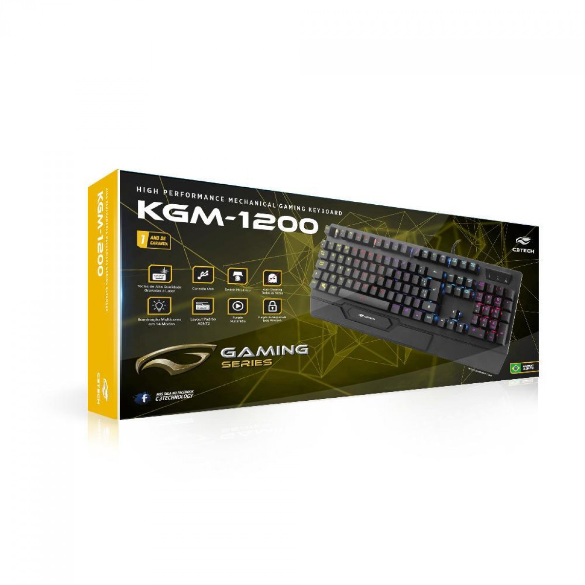 Teclado Gamer Mecânico C3Tech, RGB, Switch Blue, ABNT2, Black, KGM-1200BK