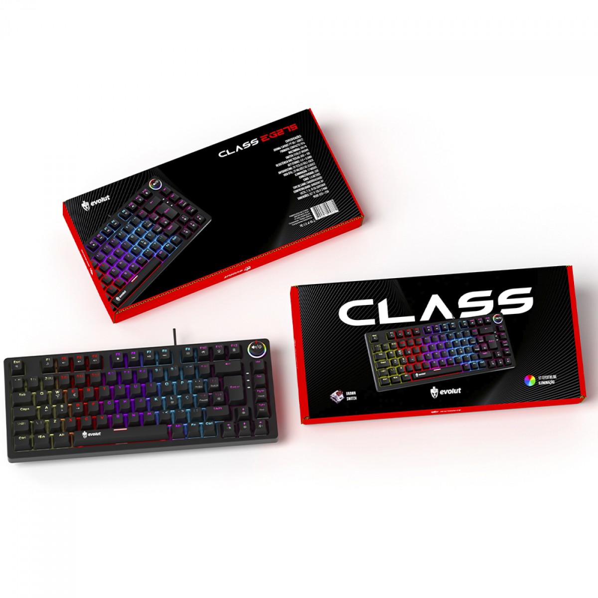 Teclado Gamer Mecânico Evolut EG275/CLASS, 75%, RGB, Switch Brown, ABNT2, Preto