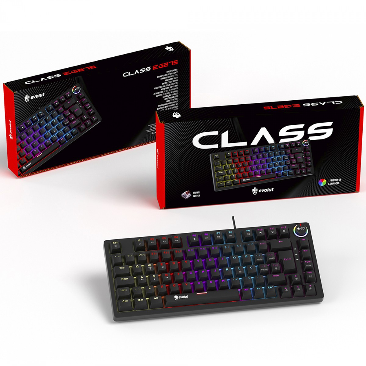 Teclado Gamer Mecânico Evolut EG275/CLASS, 75%, RGB, Switch Brown, ABNT2, Preto