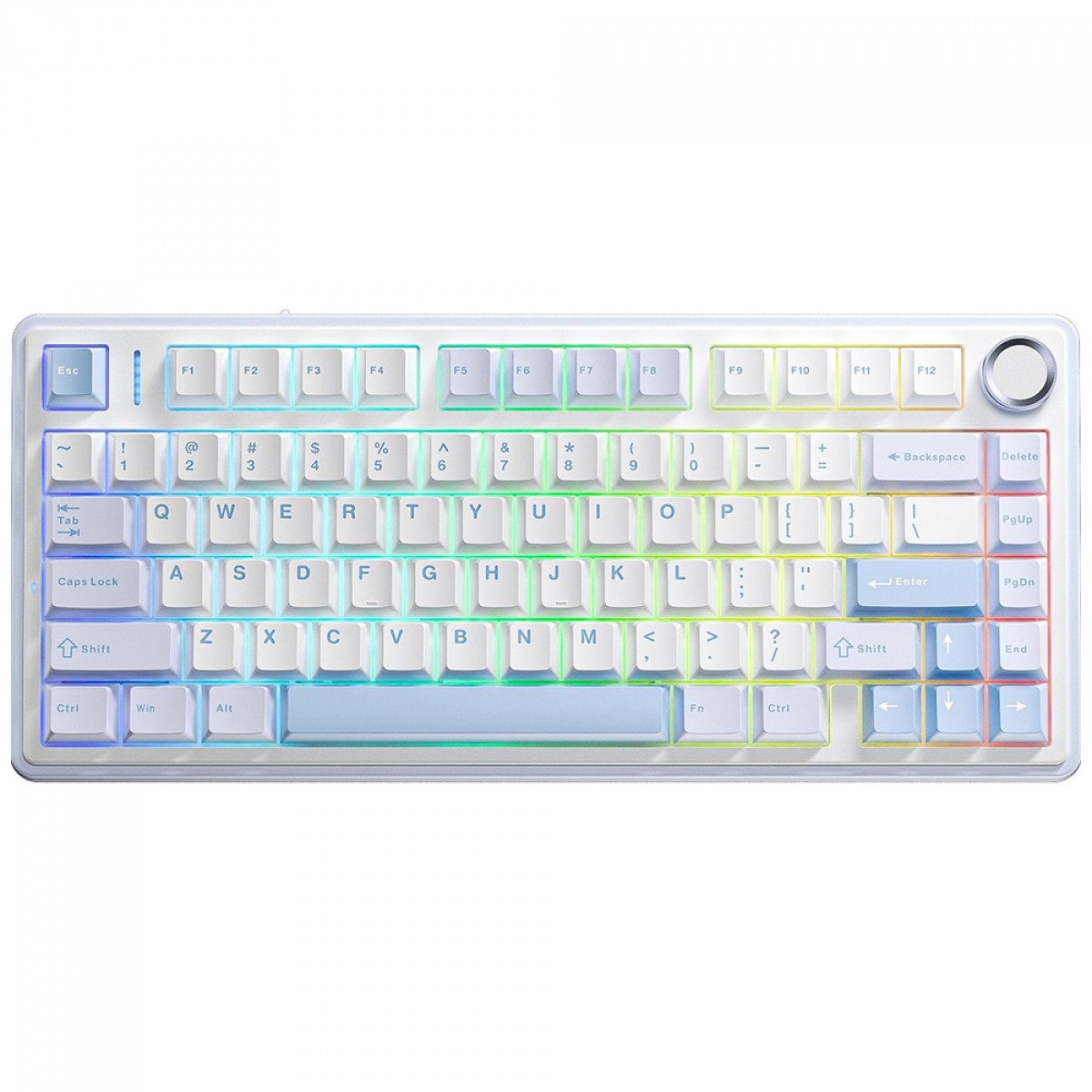 Teclado Mecânico Gamer Aula F75 Sea Salt Blue, Wireless/Bluetooth, RGB, Switch Greywood V3, ANSI, 75%, Branco e Azul