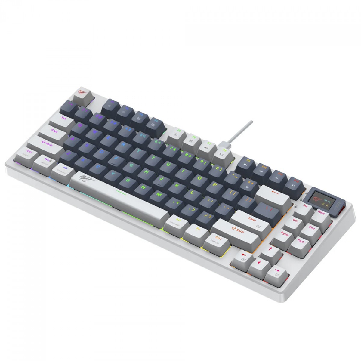 Teclado Mecânico Gamer Havit KB884L, RGB, USB, 80%, ANSI, Switch Red, Display TFT, Branco e Azul, KB884L-RU