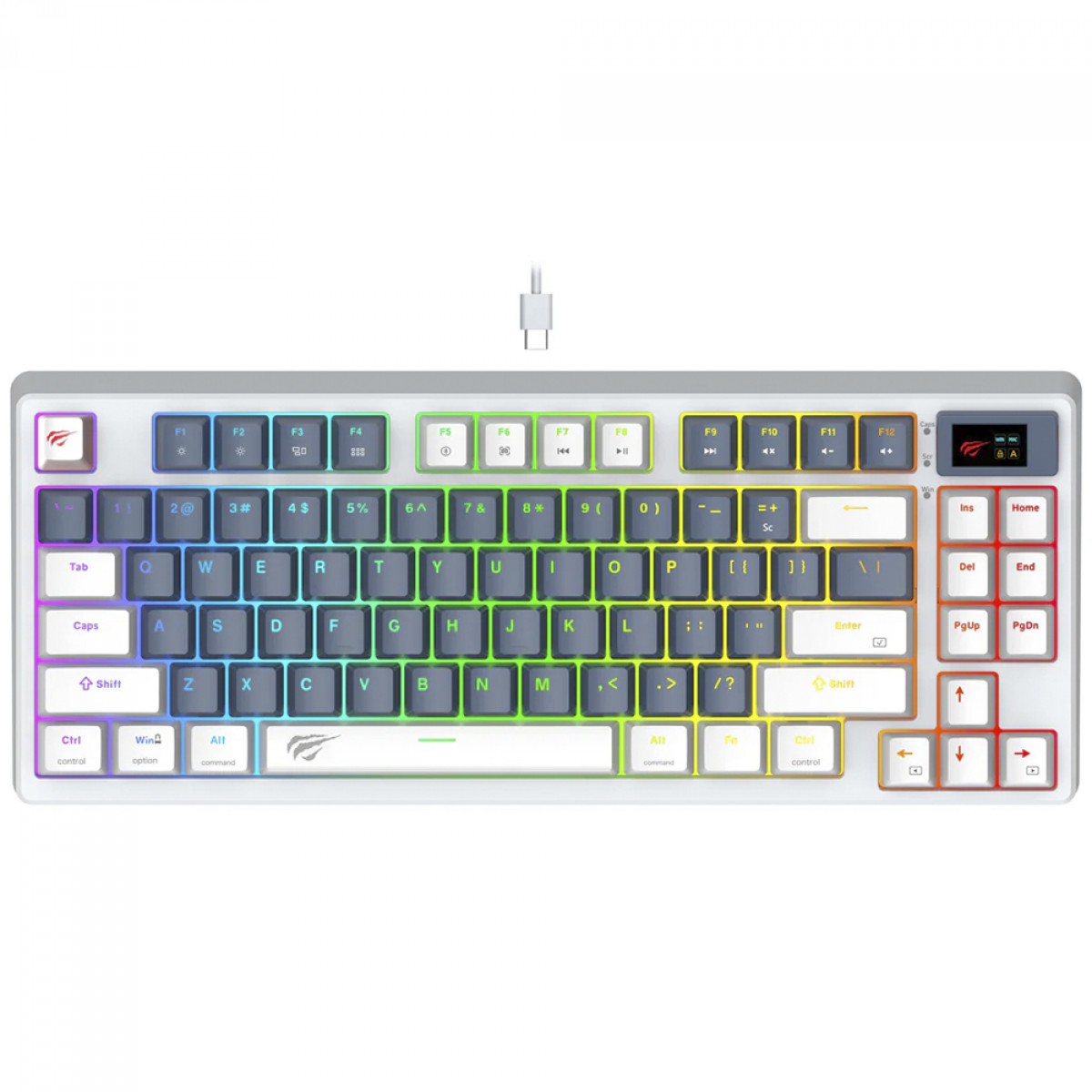 Teclado Mecânico Gamer Havit KB884L, RGB, USB, 80%, ANSI, Switch Red, Display TFT, Branco e Azul, KB884L-RU