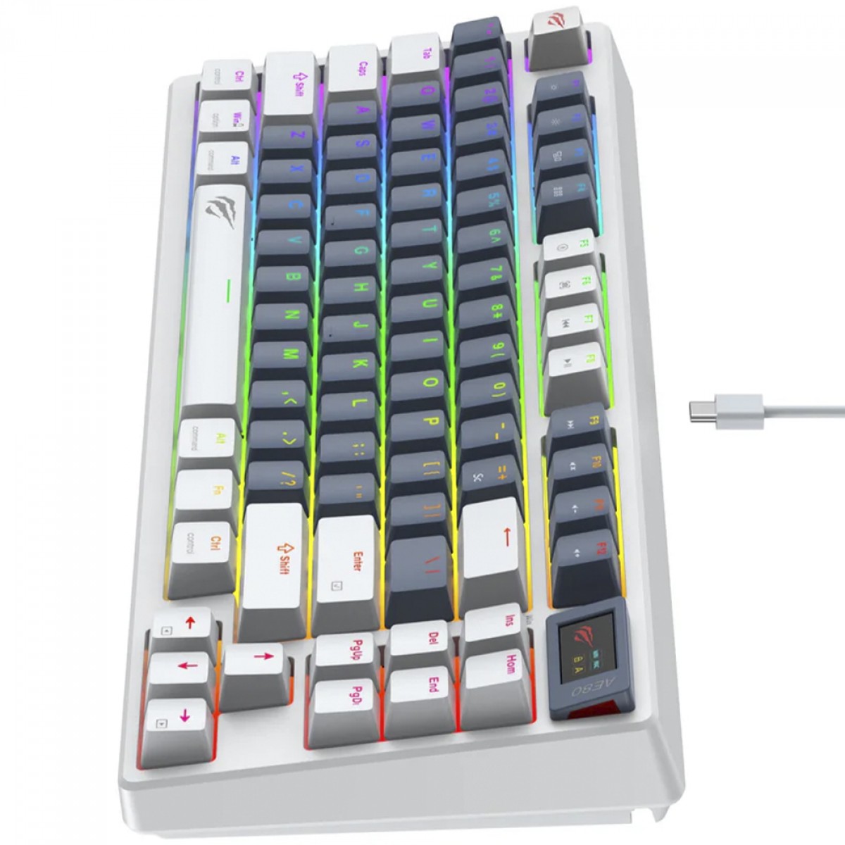 Teclado Mecânico Gamer Havit KB884L, RGB, USB, 80%, ANSI, Switch Red, Display TFT, Branco e Azul, KB884L-RU