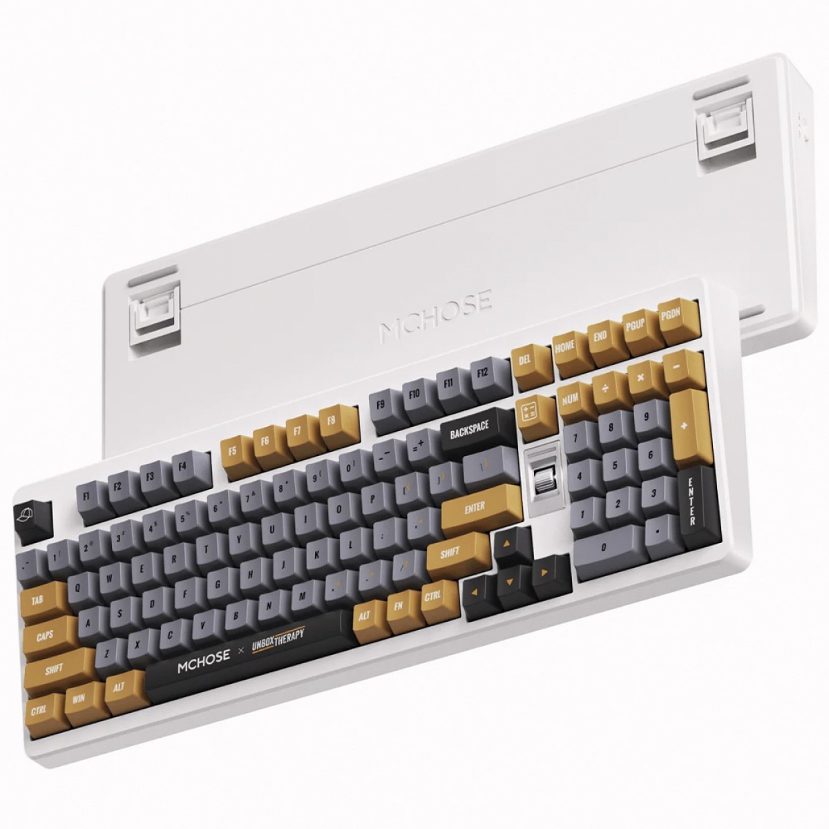 Teclado Mecânico Gamer MCHOSE X Unbox Therapy UT98, Wireless, Bluetooth, RGB, Switch Silent Peach V3, ANSI, 98%, Retro Therapy, Branco e Cinza, HW-UT98-4