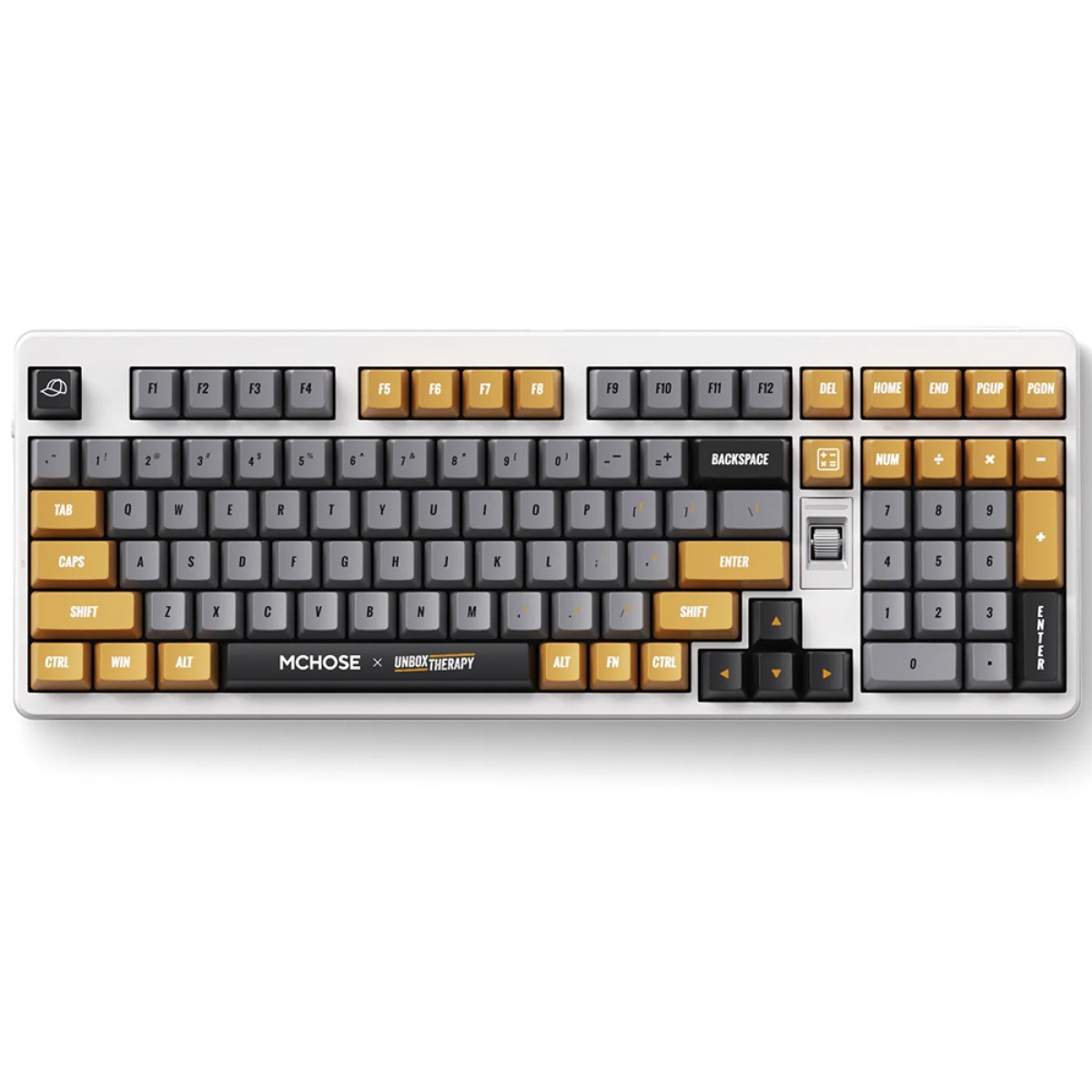Teclado Mecânico Gamer MCHOSE X Unbox Therapy UT98, Wireless, Bluetooth, RGB, Switch Silent Peach V3, ANSI, 98%, Retro Therapy, Branco e Cinza, HW-UT98-4